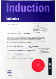 Adam Masters Certified Teacher Induction - Notarised on July 2008