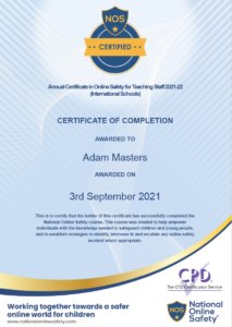 Awarded Annual Certificate in Online safety for teaching staff (2021-22)