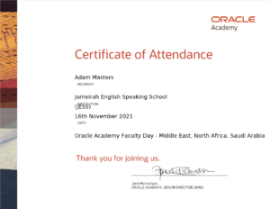 Oracle Academy Faculty Day Certificate