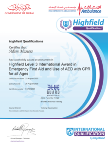 Emergency First Aid and Use of AED with CPR - Adam Masters (certifcate)