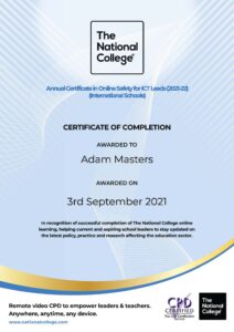 Adam Masters - Annual Certificate-in-online-safety-for-ict-leads-2021-22-international-schools-completion-certificate