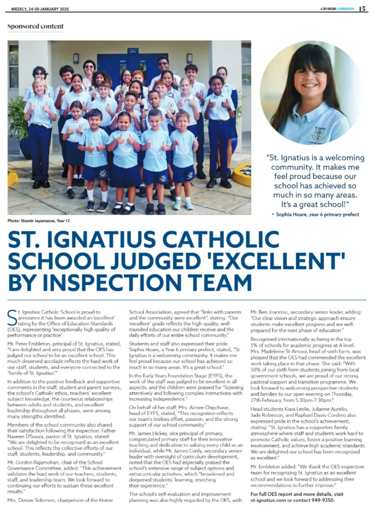 St. Ignatius Catholic School Judged ‘Excellent’! Cayman Compass - Jan 2024