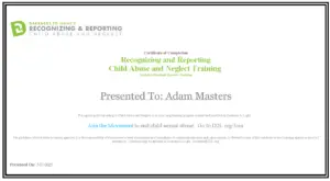 Congratulations Adam, you have completed Recognizing and Reporting Child Abuse and Neglect!