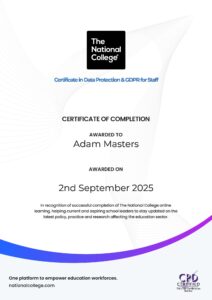 Certificate - Data Protection & GDPR (Sept - 2025) Awarded to Adam Masters