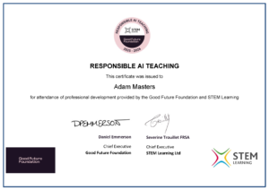 Responsible AI Teaching Certificate awarded to Adam Masters (2026)